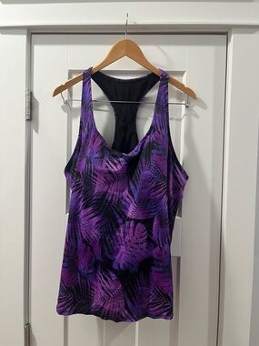 Swimsuits For All Purple and Black Tropical Floral Racerback Tankini Top size 24